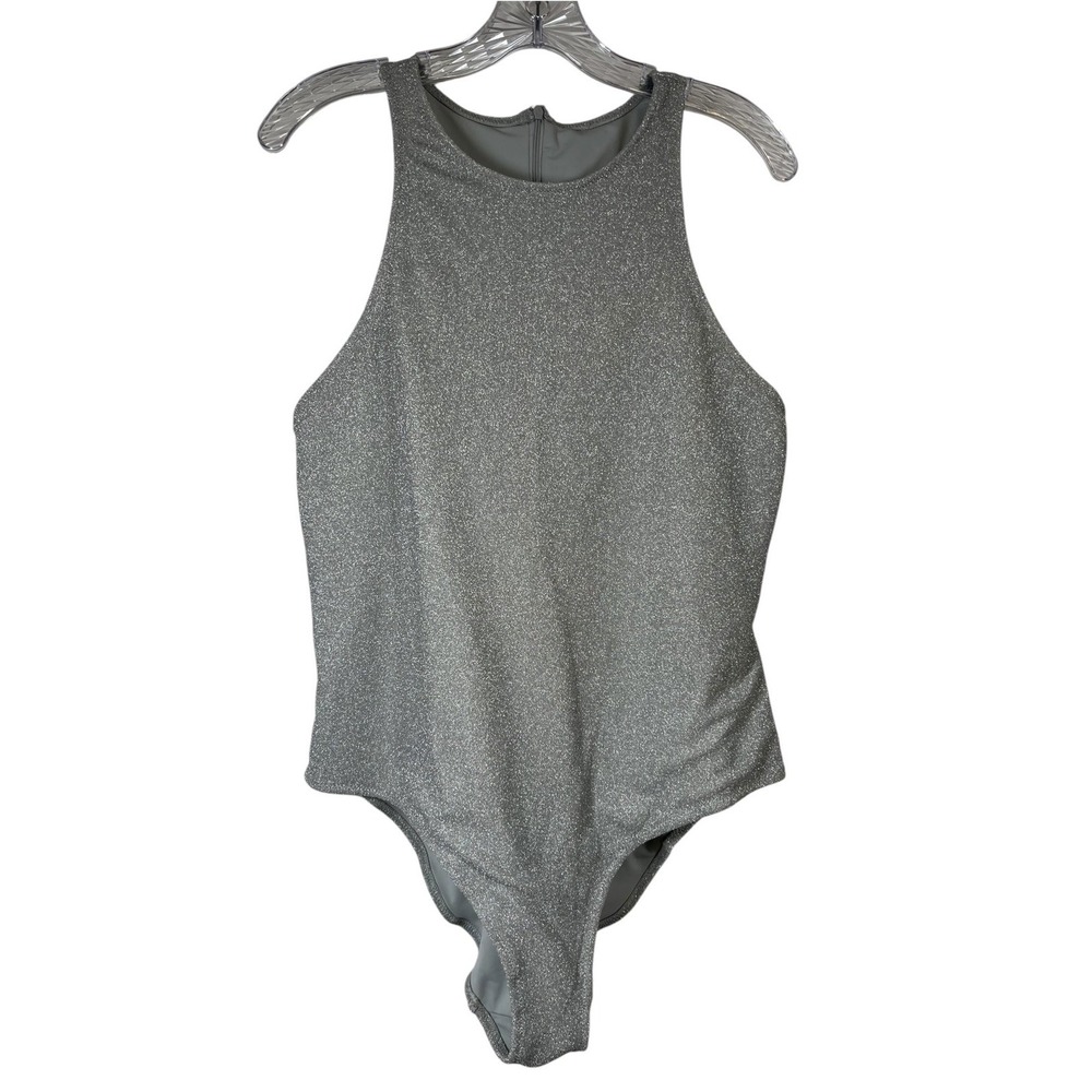$115 GOOD AMERICAN Sz 2XL Bodysuit Silver Shimmer Metallic High Neck Shelf Bra